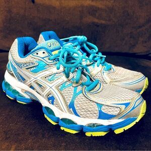 Excellent Asics GEL Nimbus 16 grey blue lime womens running shoes 7.5 Medium